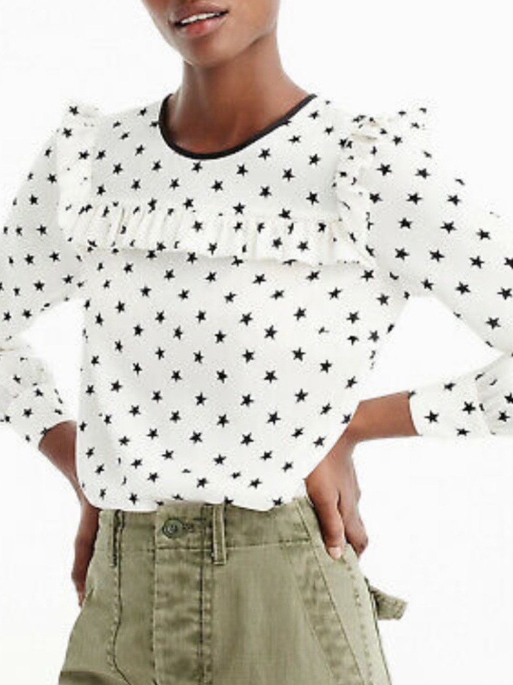 J. Crew White Long-Sleeve Star Print Ruffle Top with Black Trim